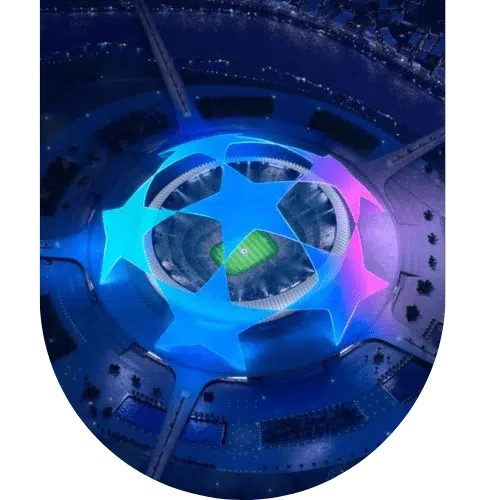 Illuminated stadium with star-shaped design at night.
