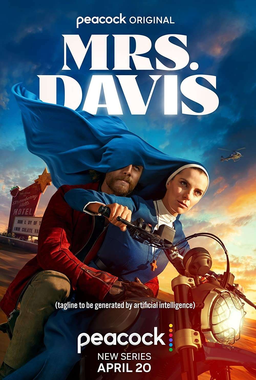 Nun and cowboy on motorcycle, Mrs. Davis poster.