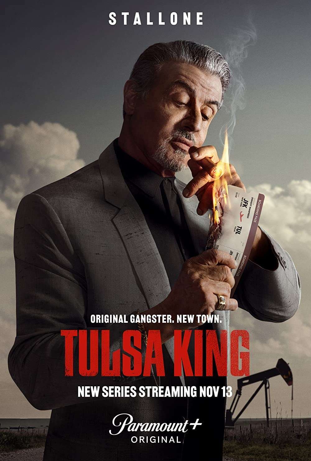 Tulsa King series poster with burning ticket